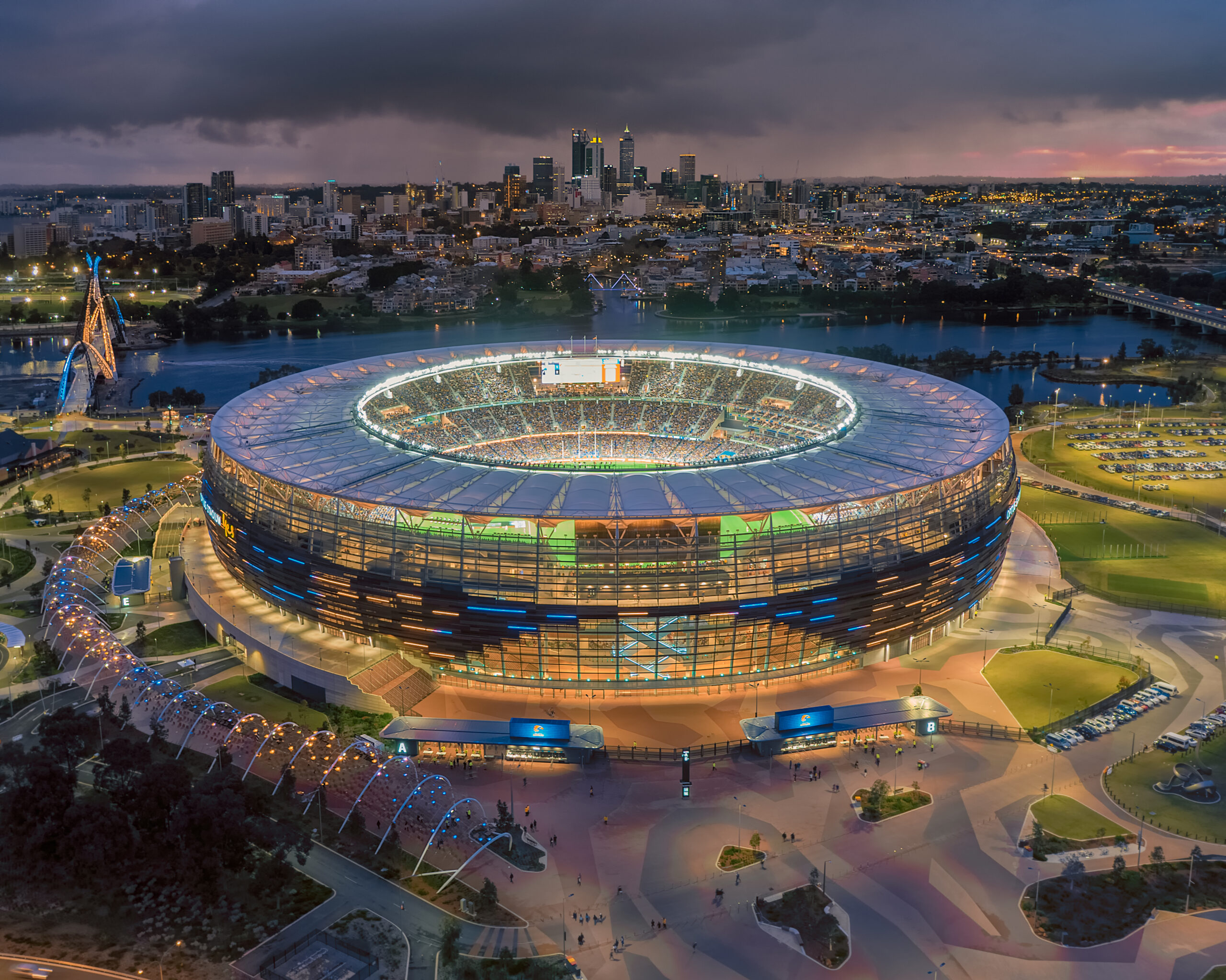 Optus Stadium from the Swan River at dusk
