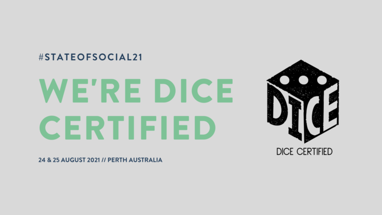 Promotional tile of green text on grey background saying "We're DICE certified"