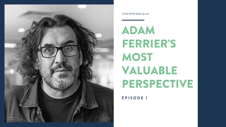 a black and white photo of a man named Adam Ferrier with text on the right hand side