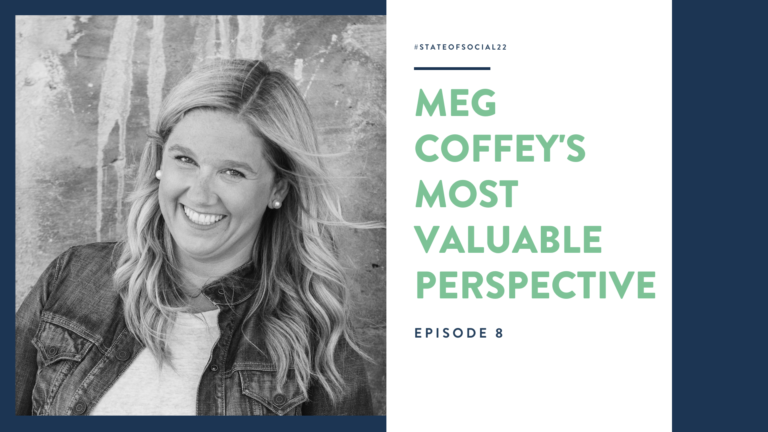 A black and white photo of Meg Coffey and green text